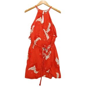 Billabong Wrap Dress Women M Red Crane Bird Print Halter Neck Mini Dress